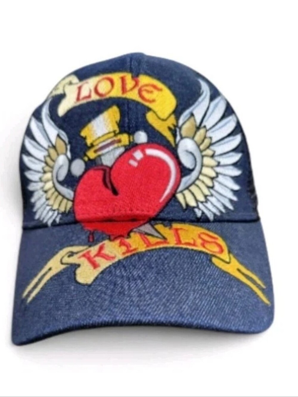Love Kills Tattoo Style Dagger Heart Mesh Trucker Hat Denim Embroidered NEW Y2k